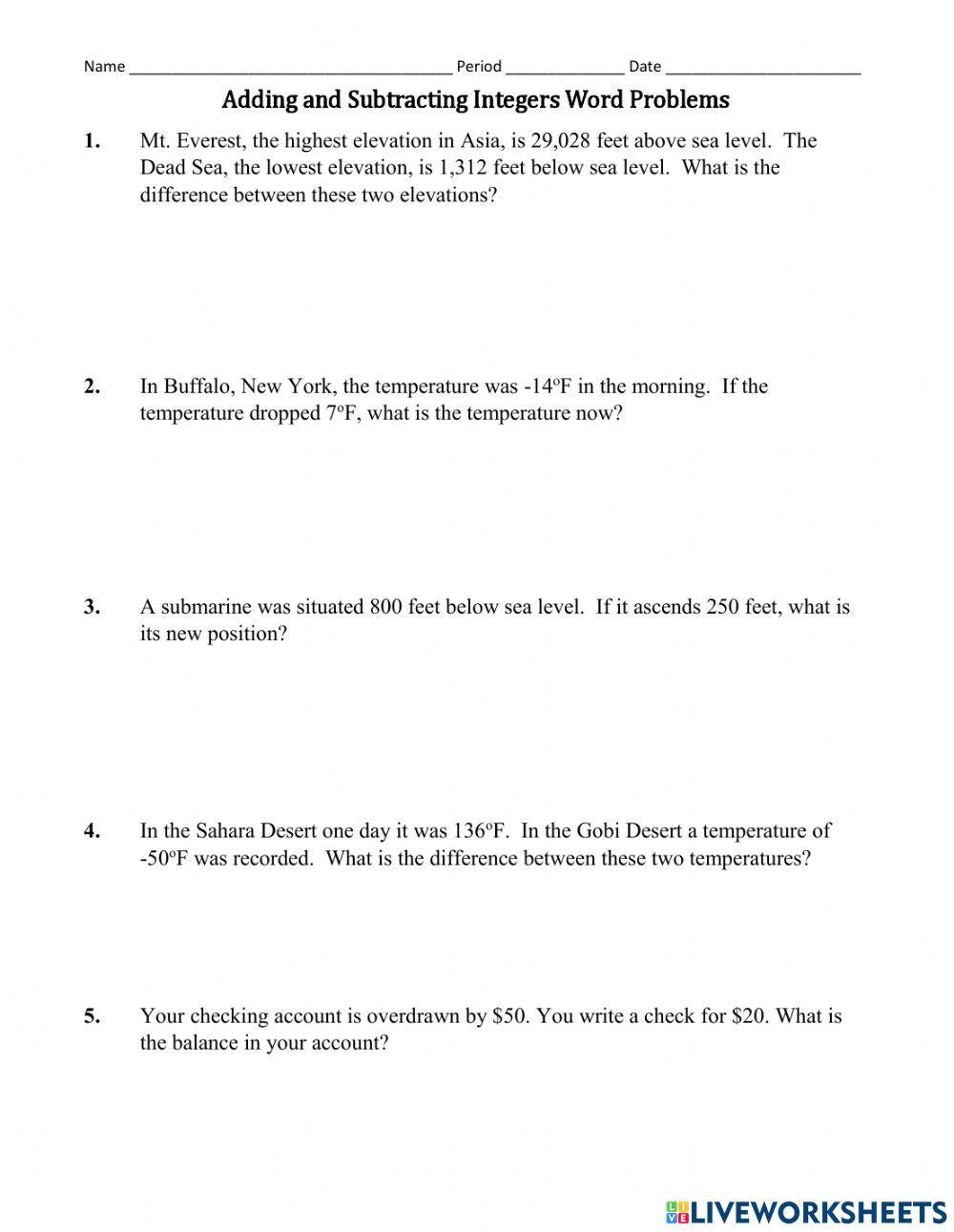 Integer Subtraction Word Problems 226 worksheet | Live Worksheets integer-subtraction-word-problems-226-worksheet-live-worksheets