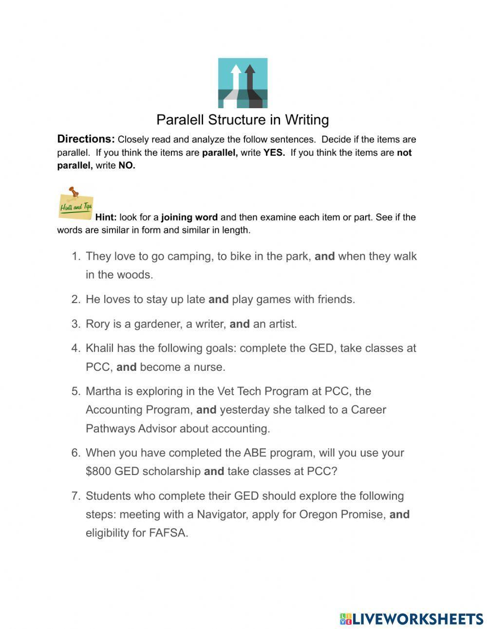 Parallel structure in writing worksheet live worksheets