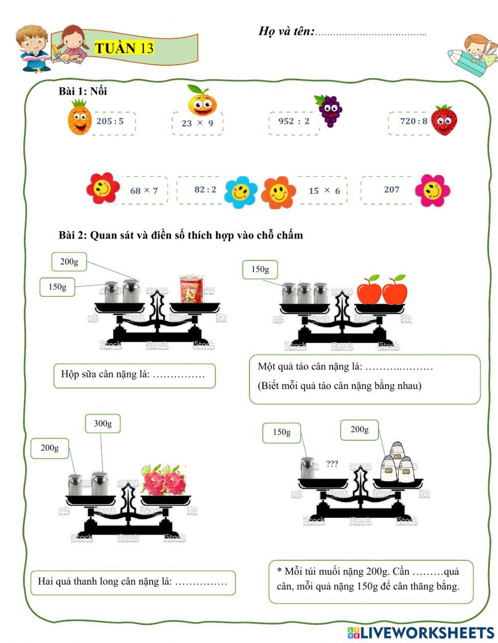 Phiếu toán cuối tuần 13