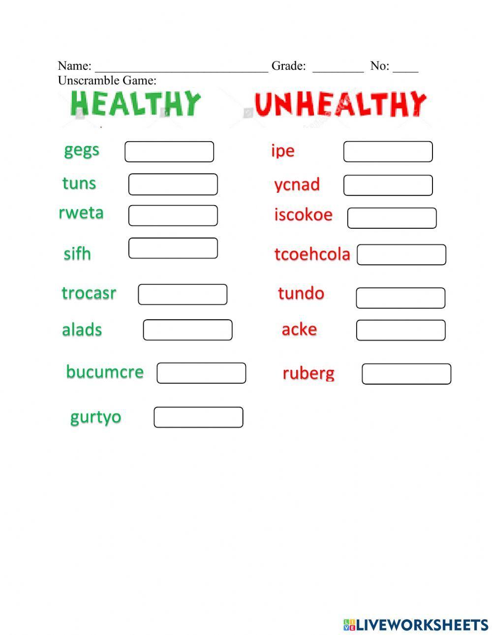 Healthy and Unhealthy Foods Unscramble Game