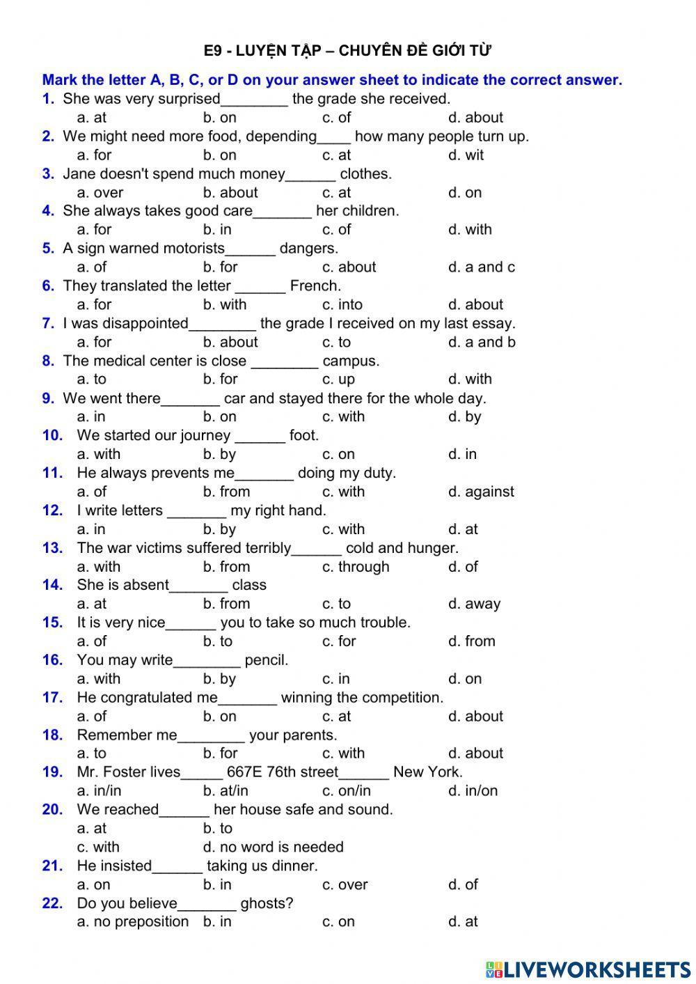 E9 - LUYỆN TẬP CHUYÊN ĐỀ GIỚI TỪ