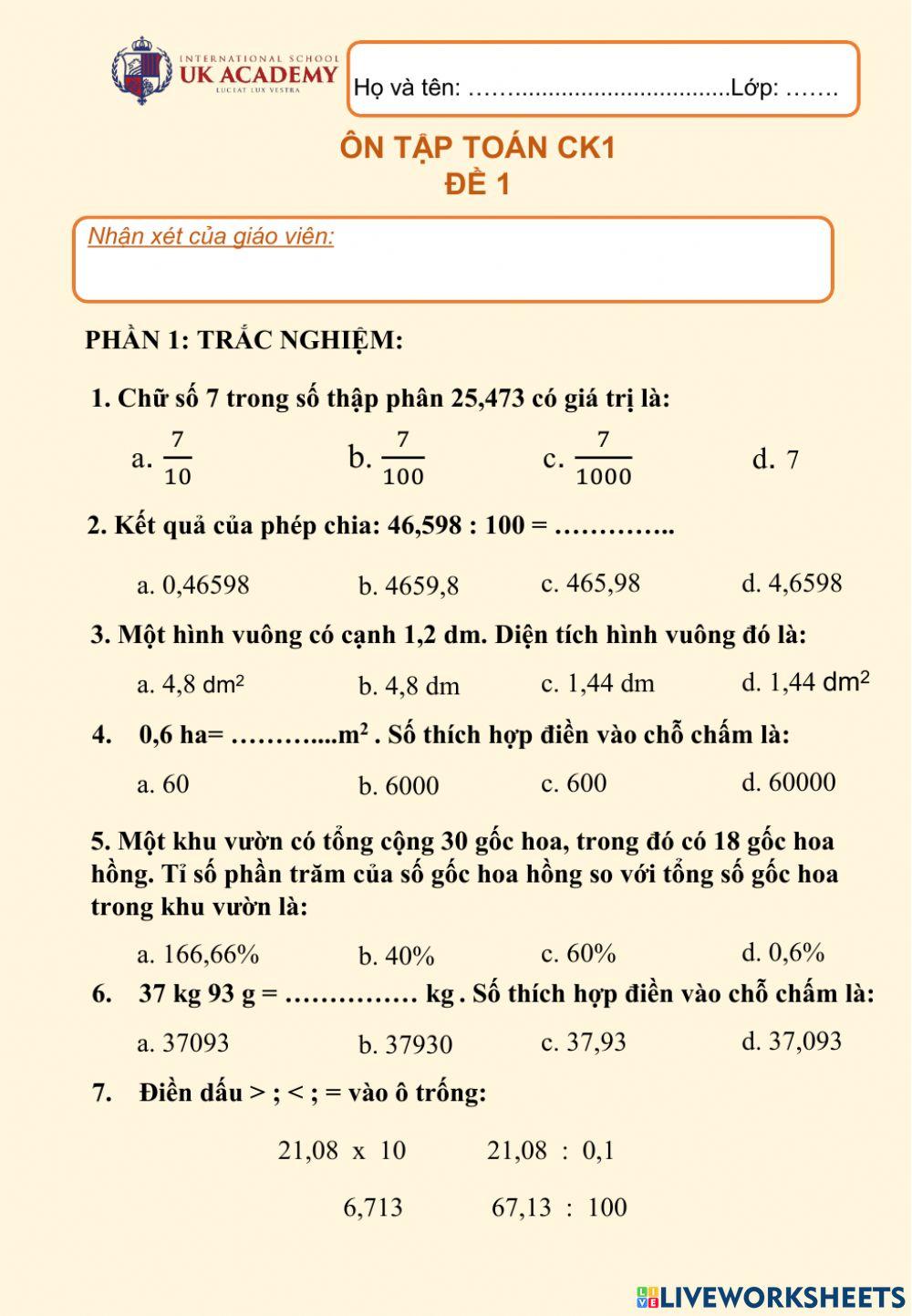 Toán 5 - Ôn tập cuối kì 1