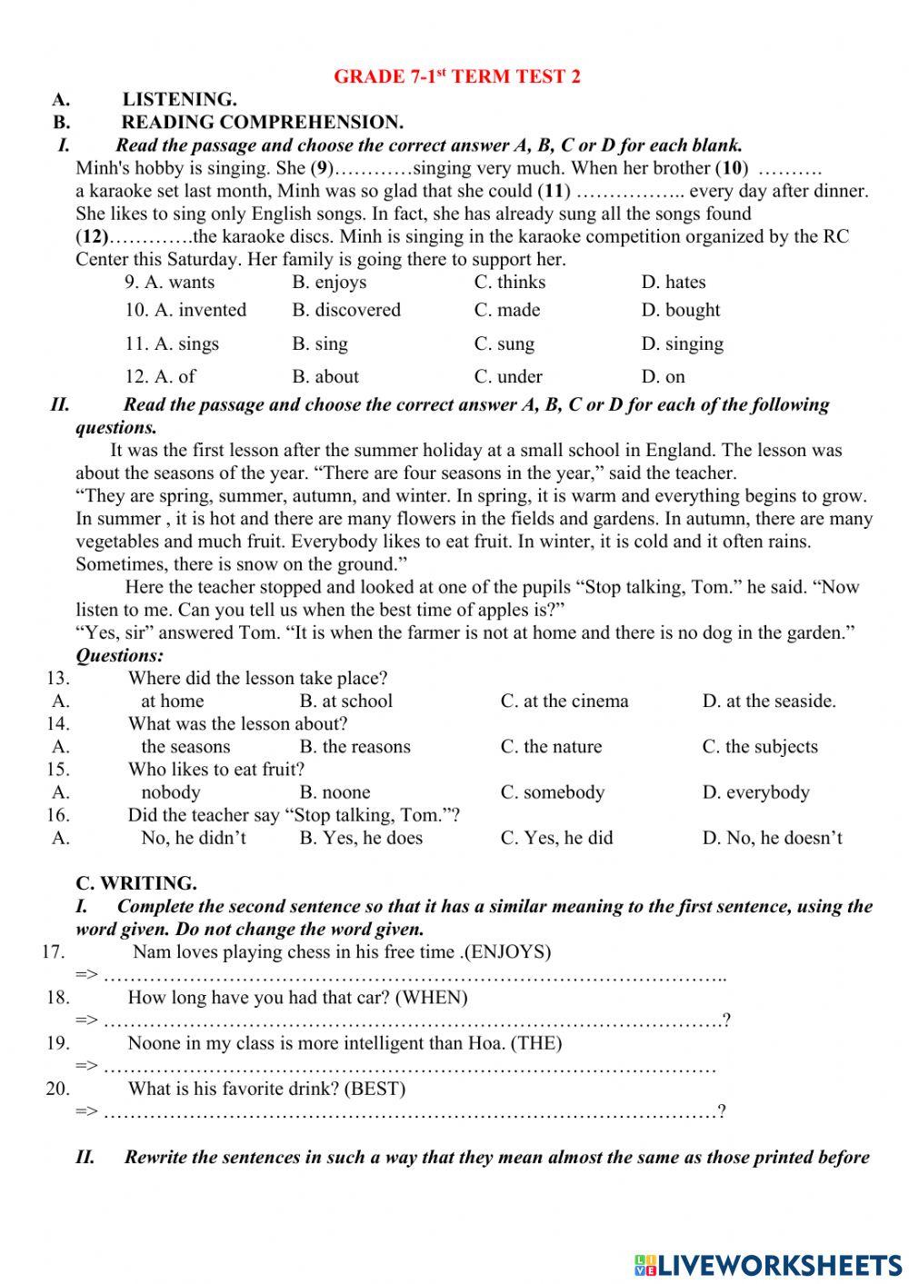 Grade 7 1st term test online exercise for live worksheets