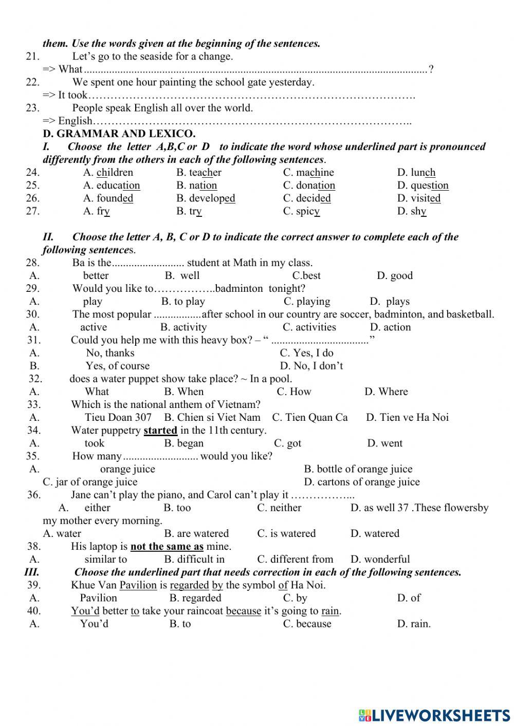 Grade 7 1st term test online exercise for live worksheets