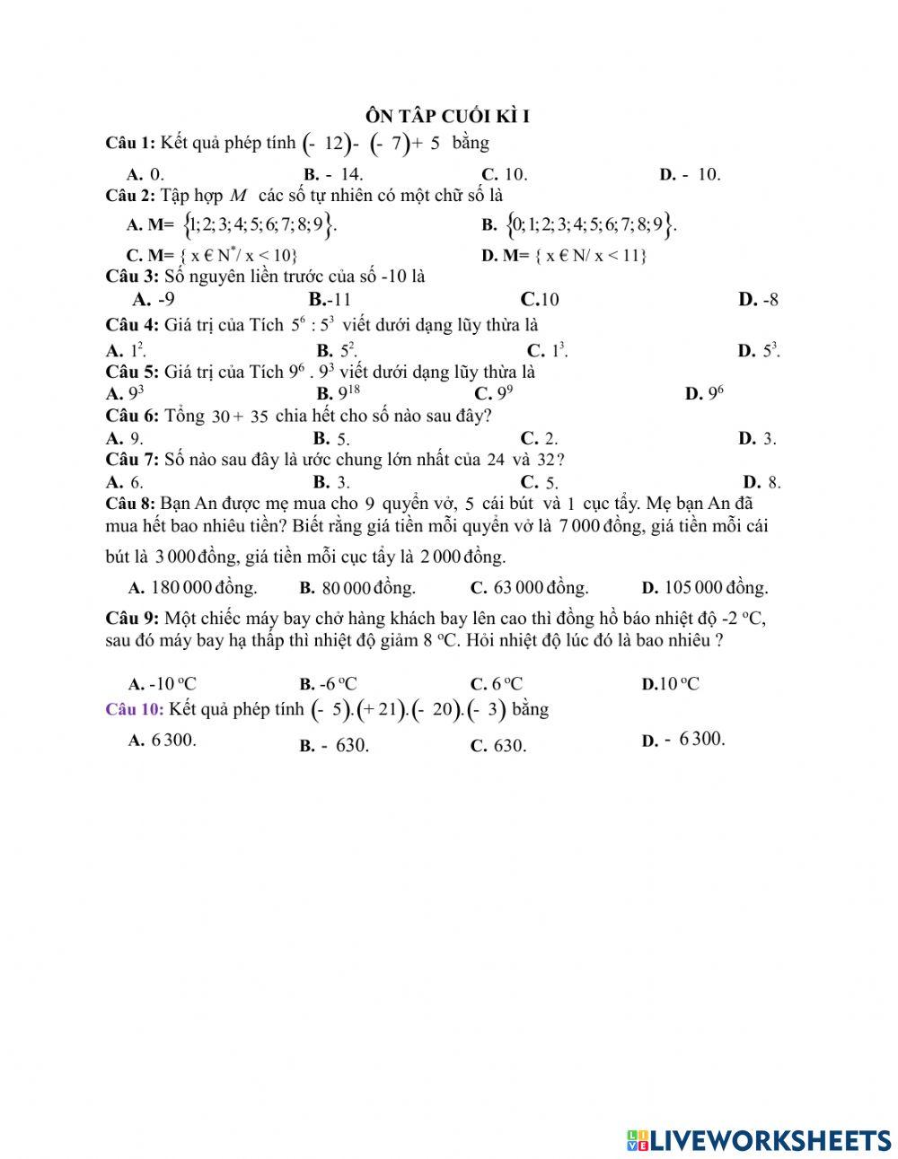 Ôn toán 6 cuối kì