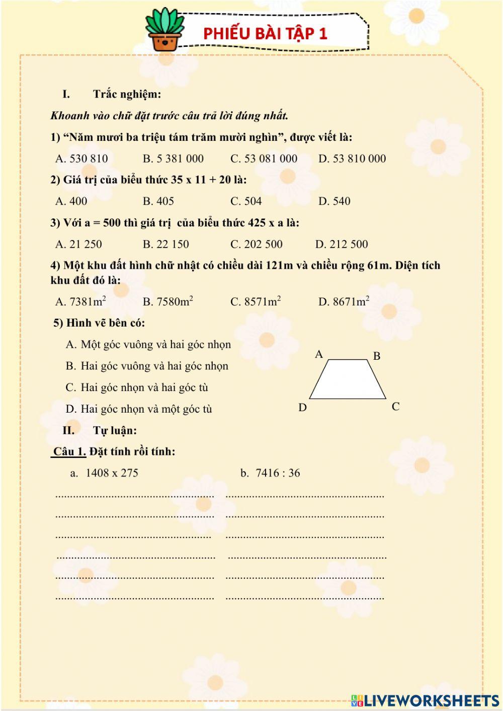 Toán - phiếu bài tập 1