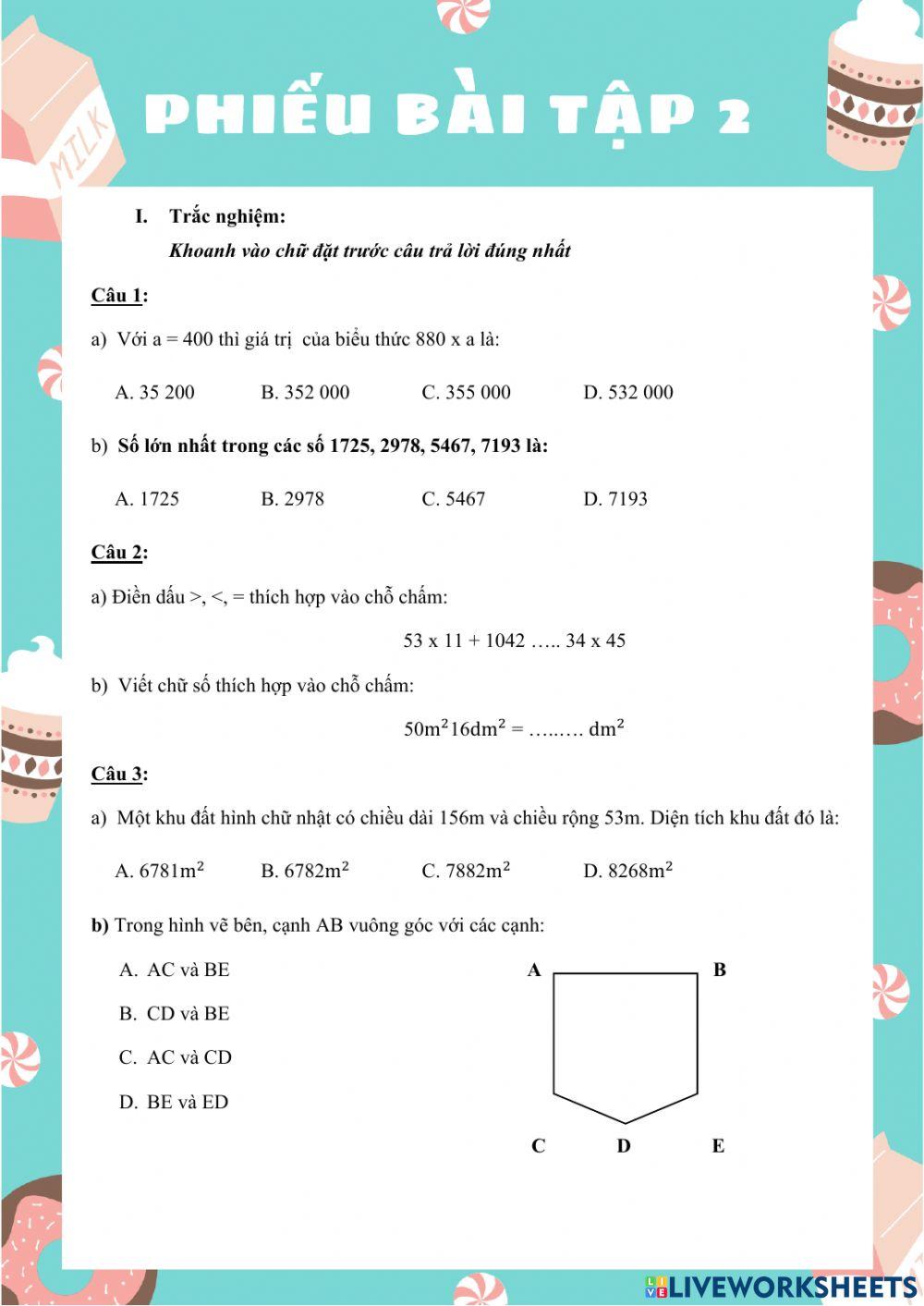 Toán - phiếu bài tập 2