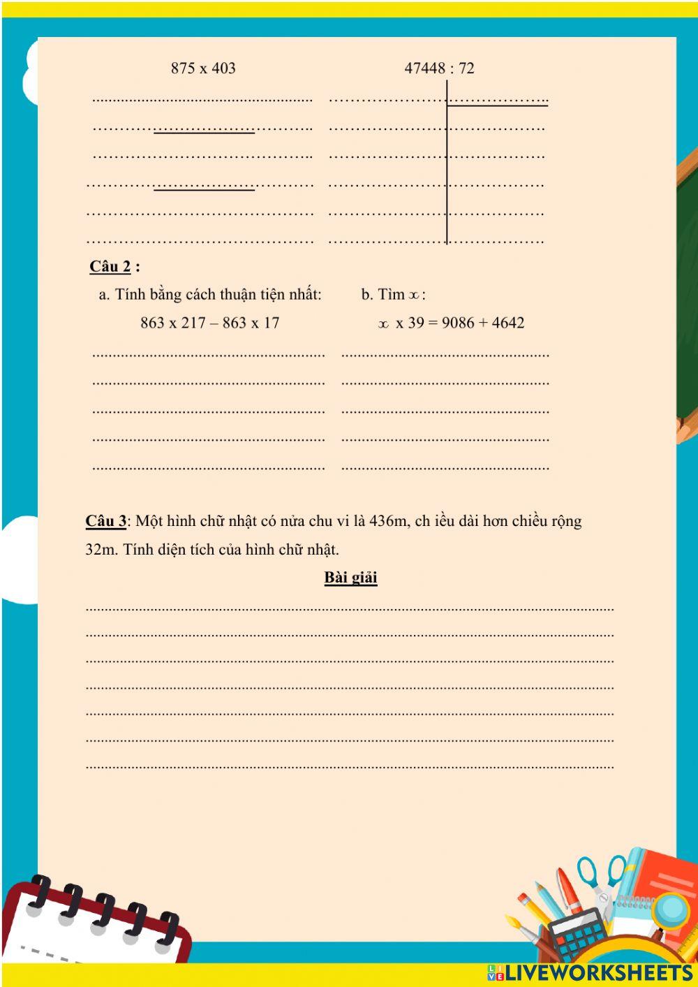 Toán - phiếu bài tập 4