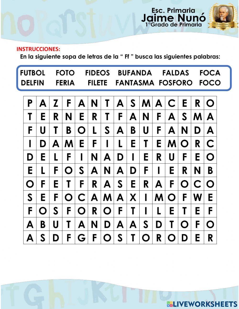 Sopa de letras de la letra Ff