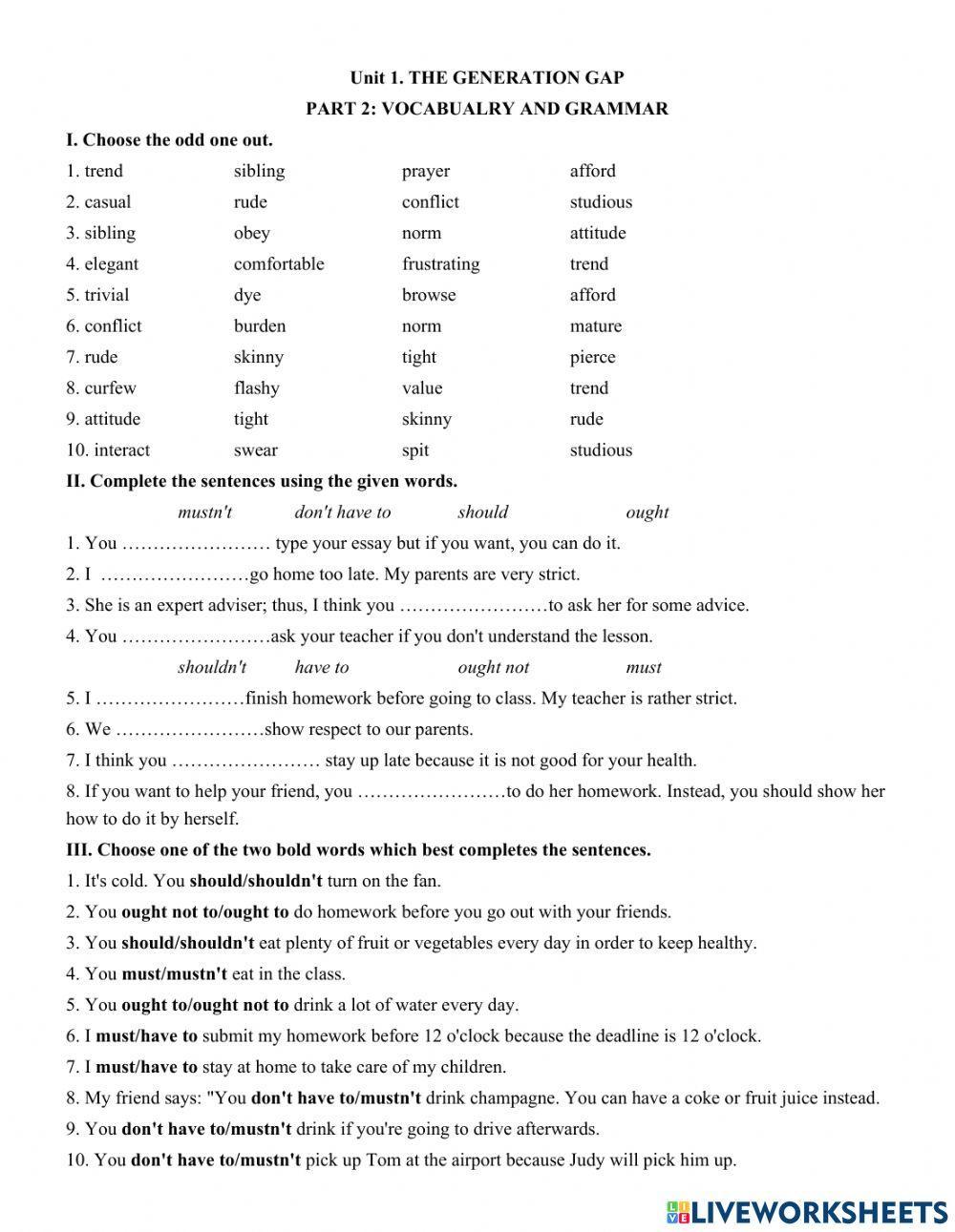 Unit 1. THE GENERATION GAP  PART 2: VOCABUALRY AND GRAMMAR