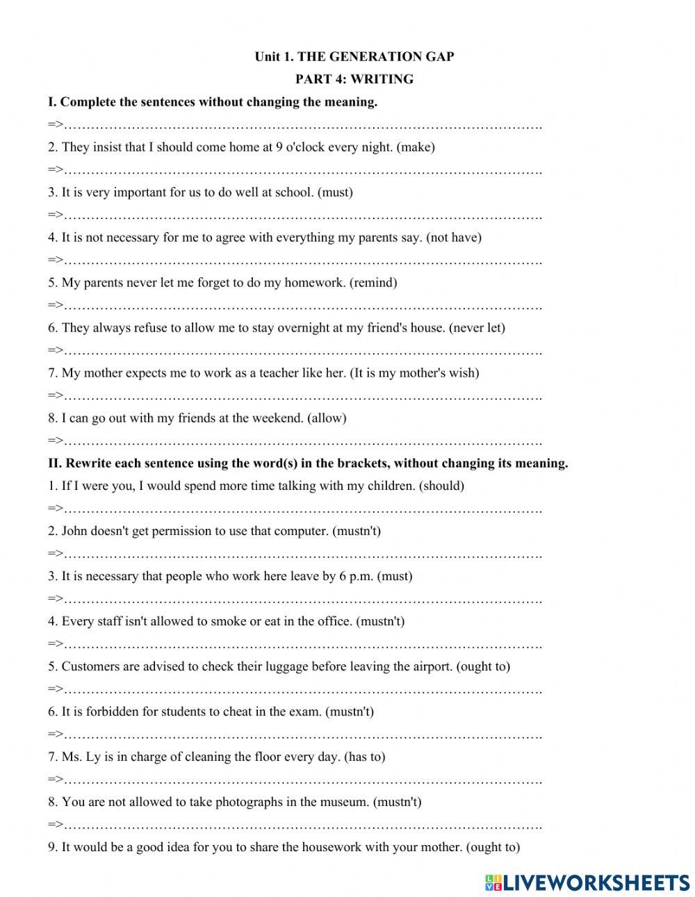 Unit 1. THE GENERATION GAP  PART 4: WRITING