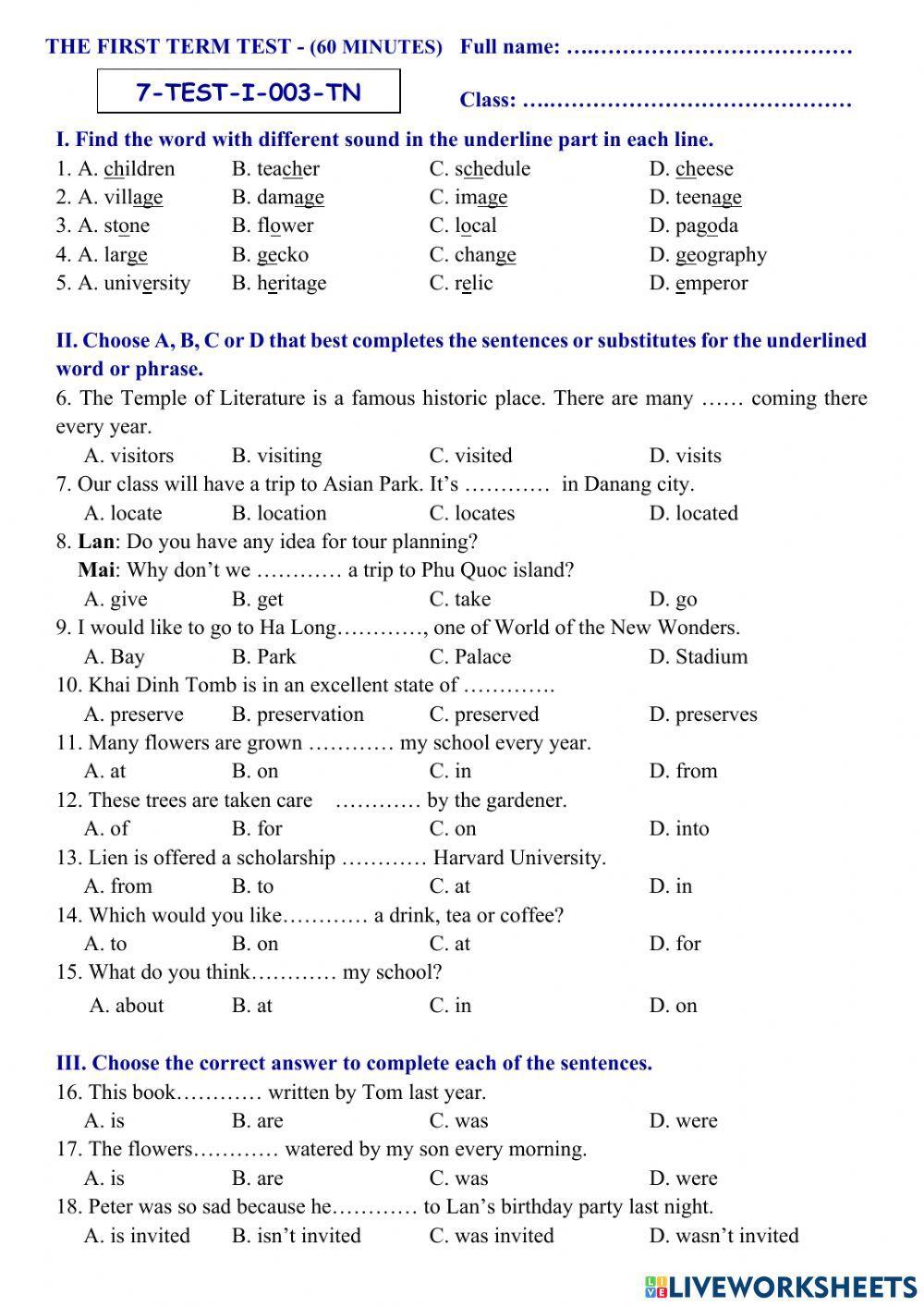 Tieng Anh Lop 7 -1st Term Test 03