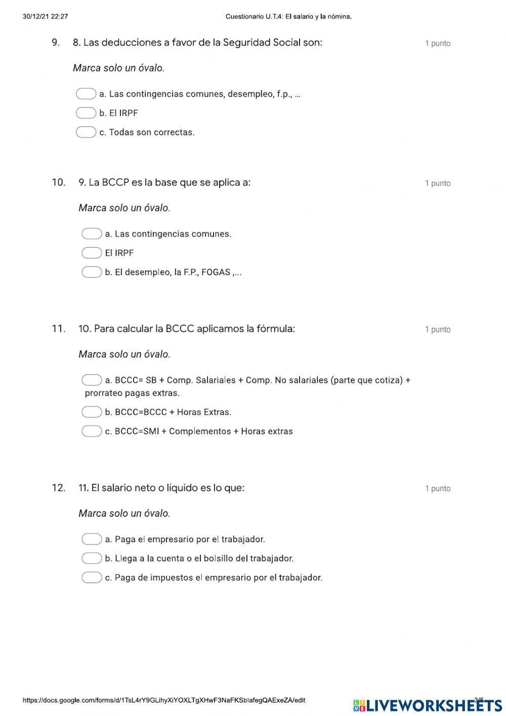 Cuestionario Conceptos Nómina
