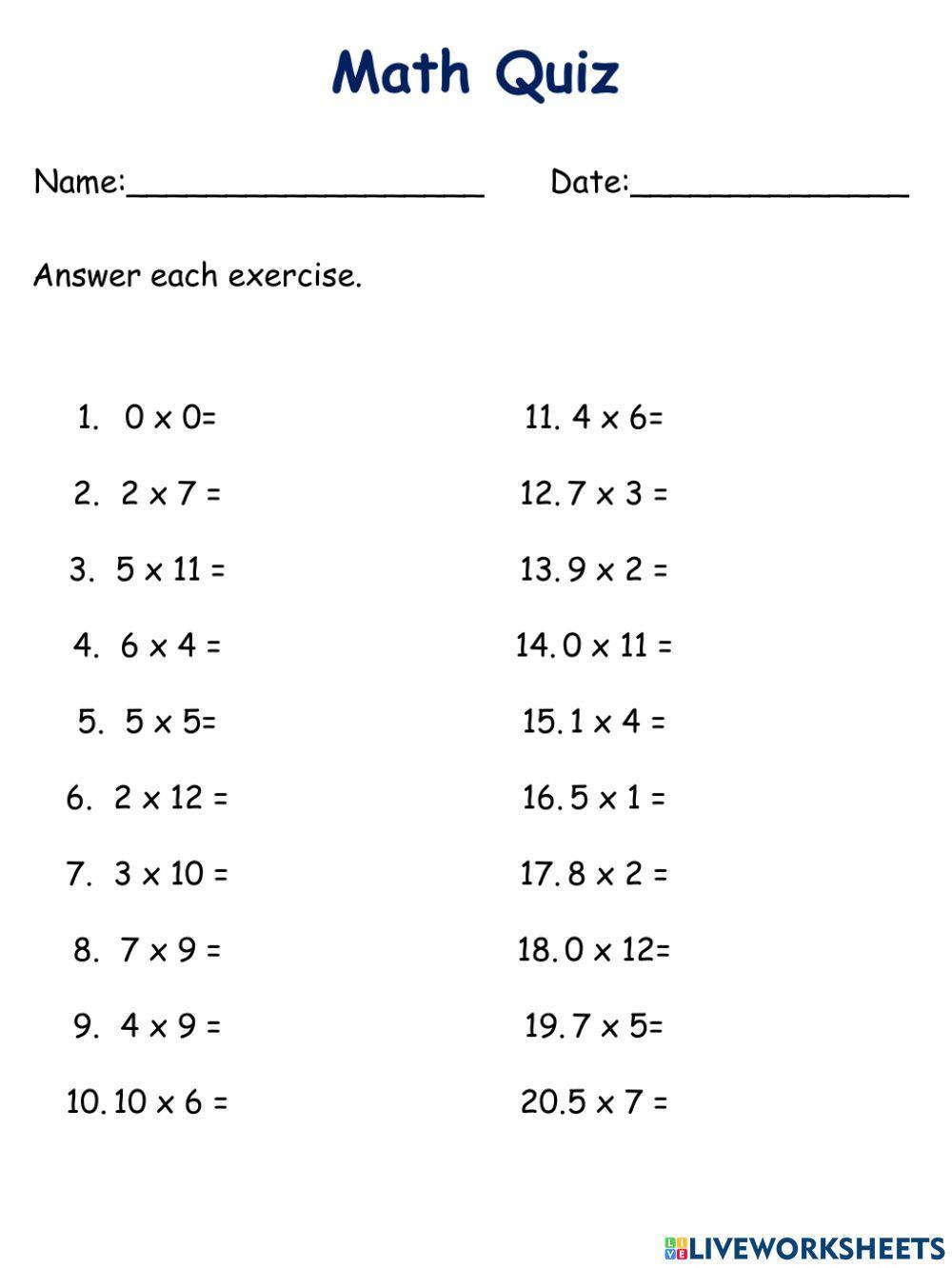 Quiz Time Tables Worksheet Live