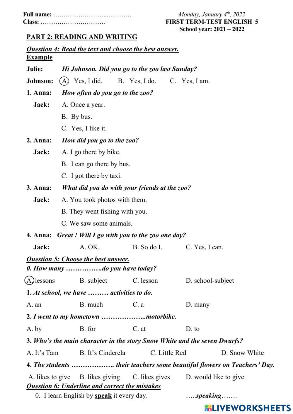 READING - WRITING TEST - GRADE 5