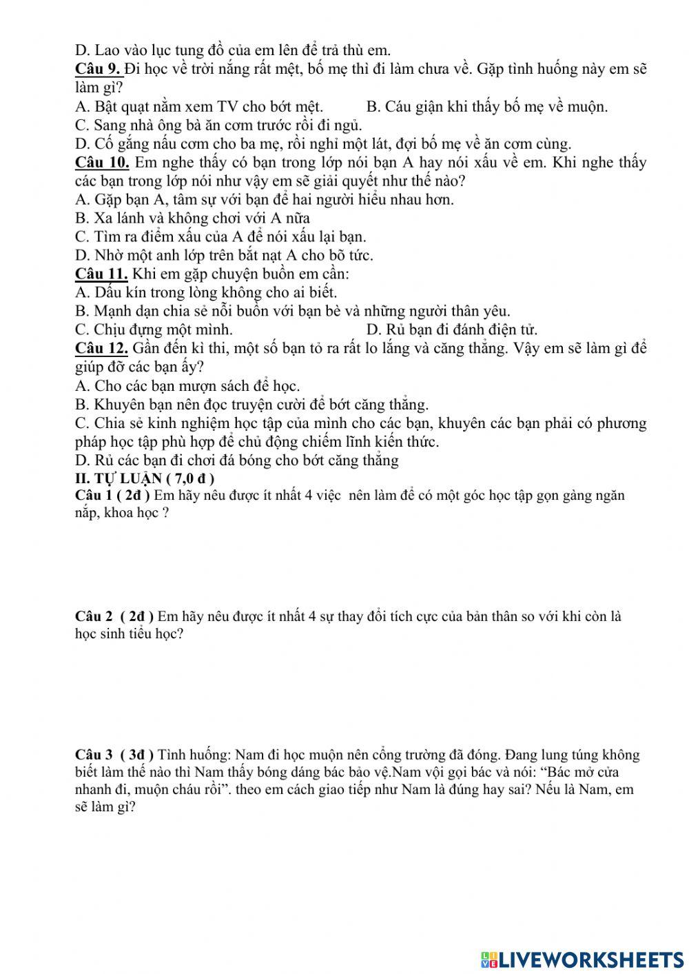 Kiểm tra hết học kì môn HĐTNHN