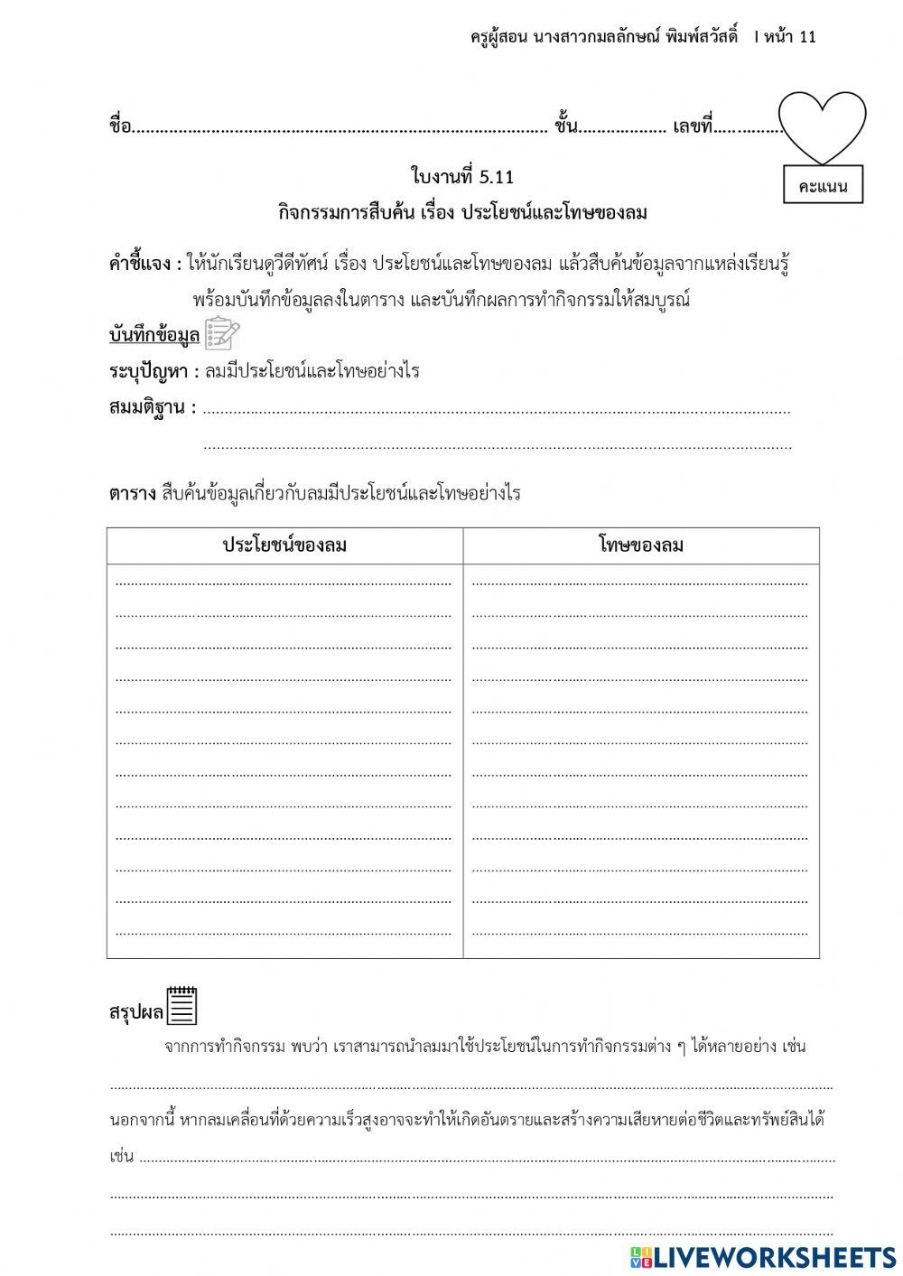 ใบงานที่ 5.11 กิจกรรมการสืบค้น เรื่อง ประโยชน์และโทษของลม