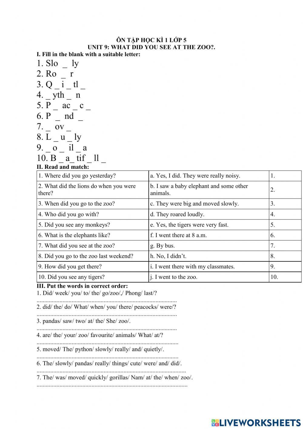 Grade 5 unit 9 what did you see at the zoo?