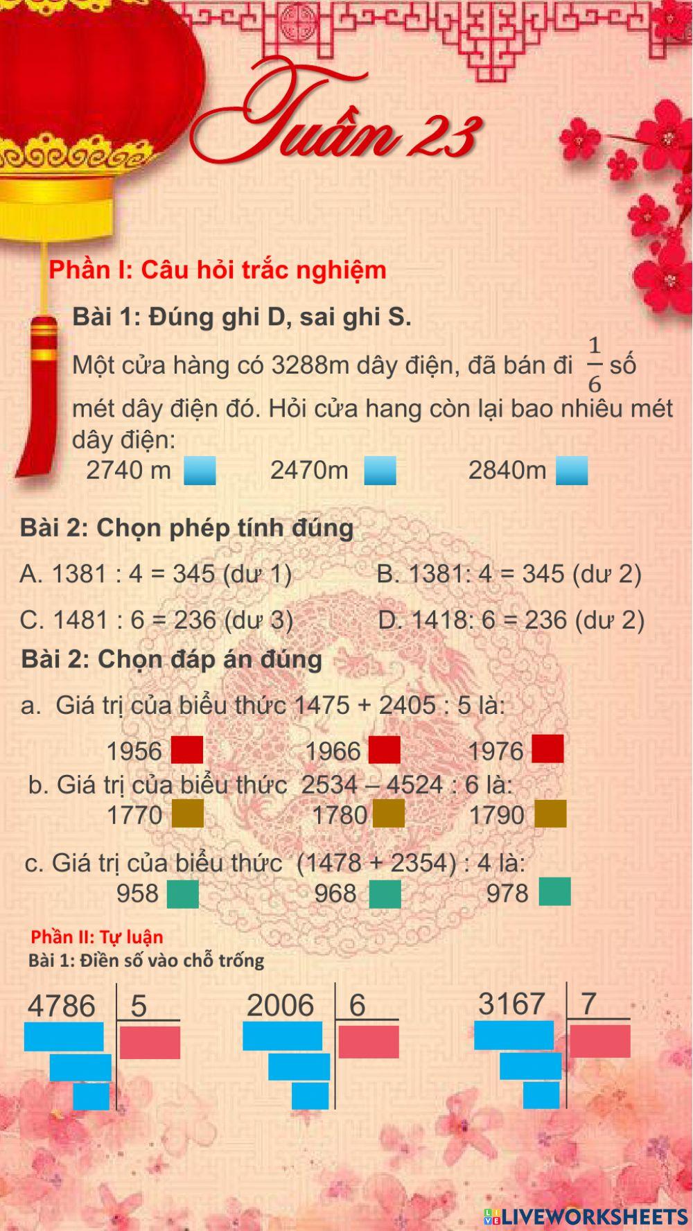 Phiếu bài tập Toán tuần 23