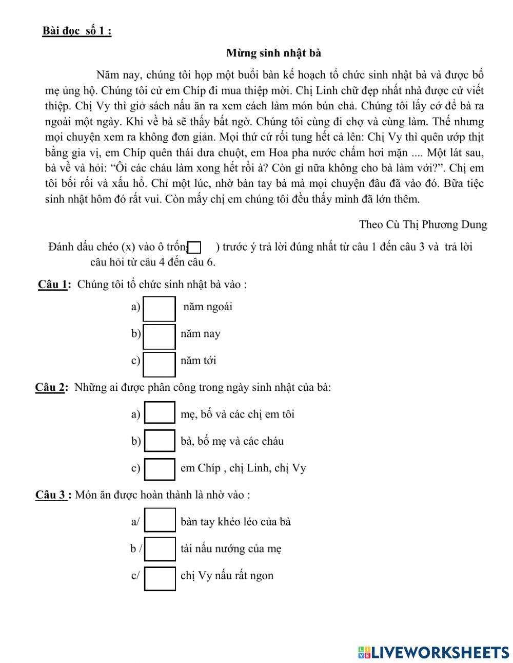 Bài đọc thầm lớp 3