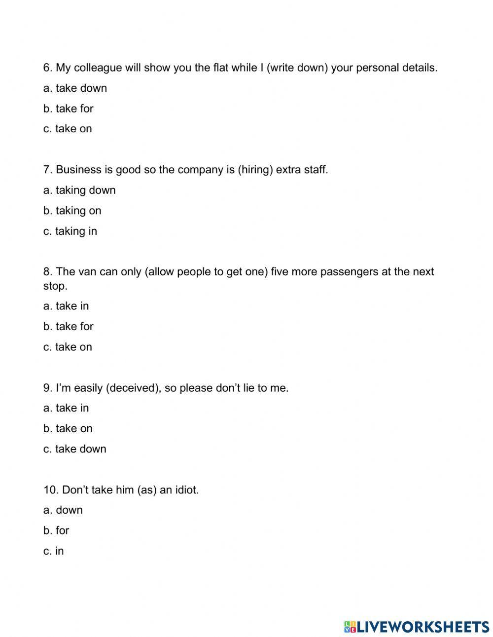 Phrasal Verb - Take (Exercise 1)