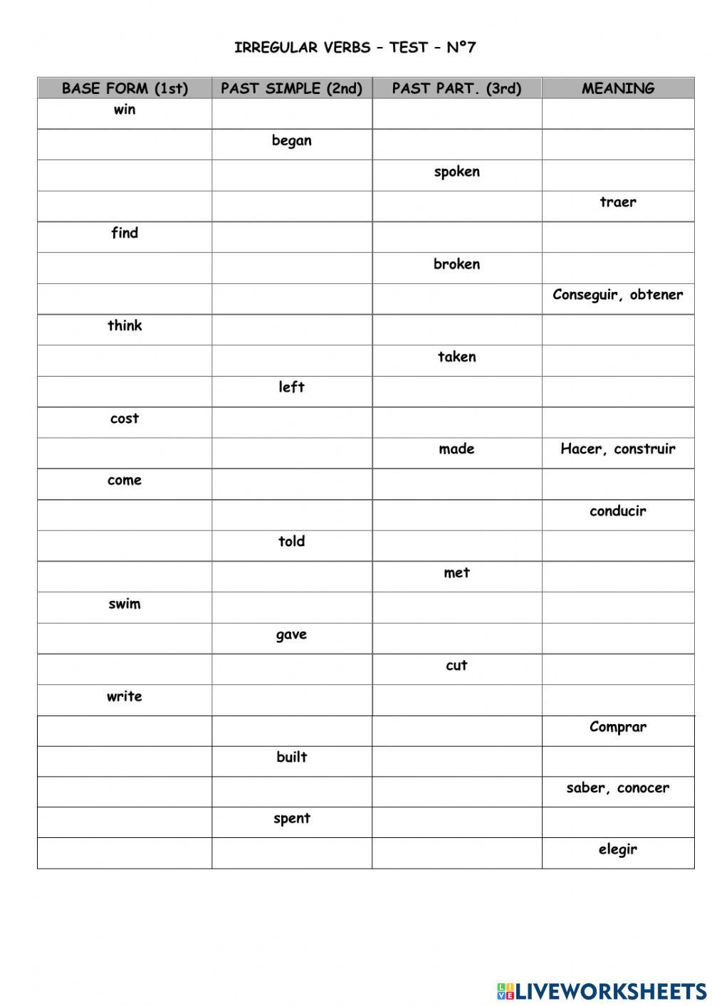 Irregular verbs test 7