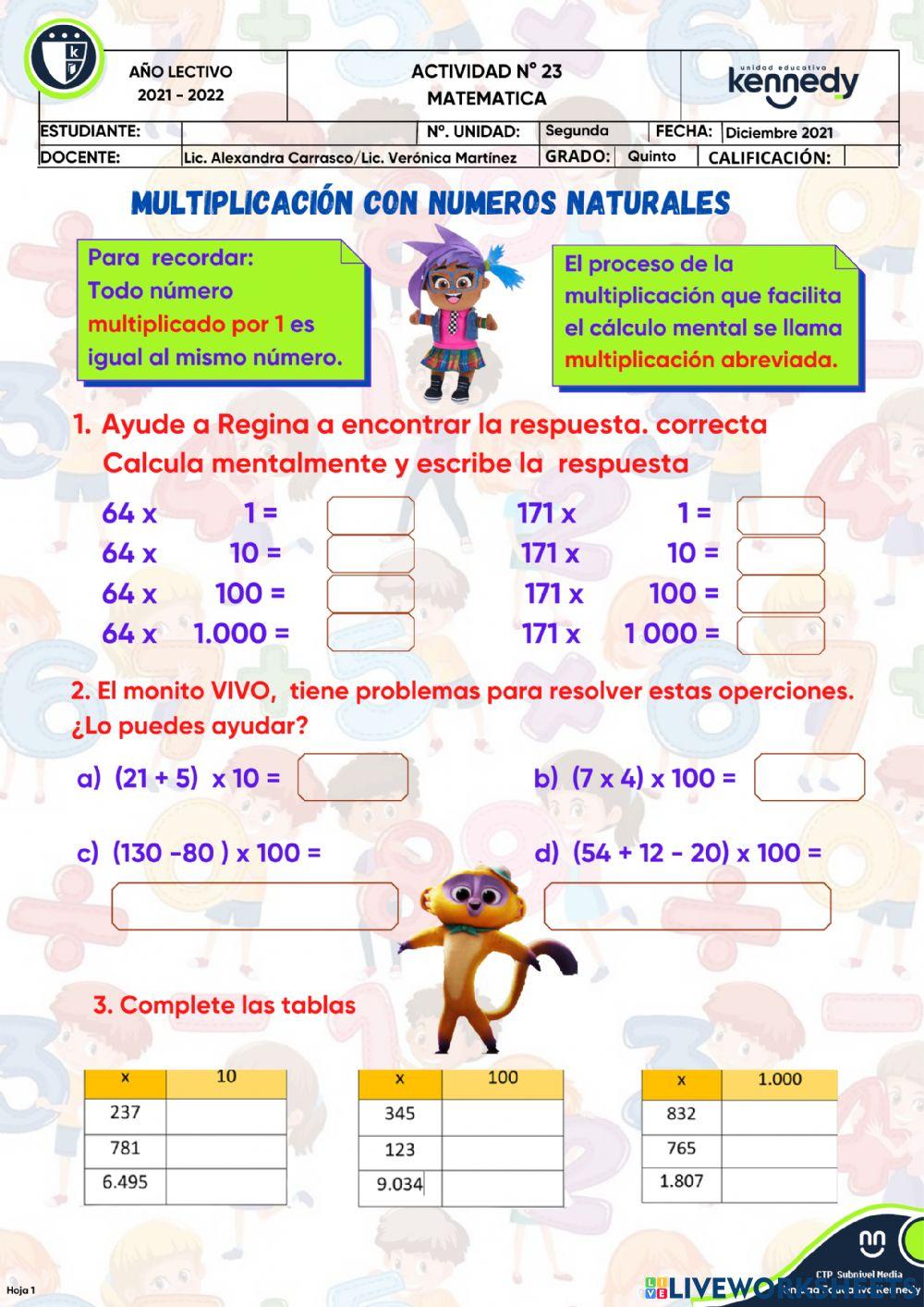 Multiplicacion de 10, 100 y 1.000 Multiplicacion de 10, 100 y 1.000