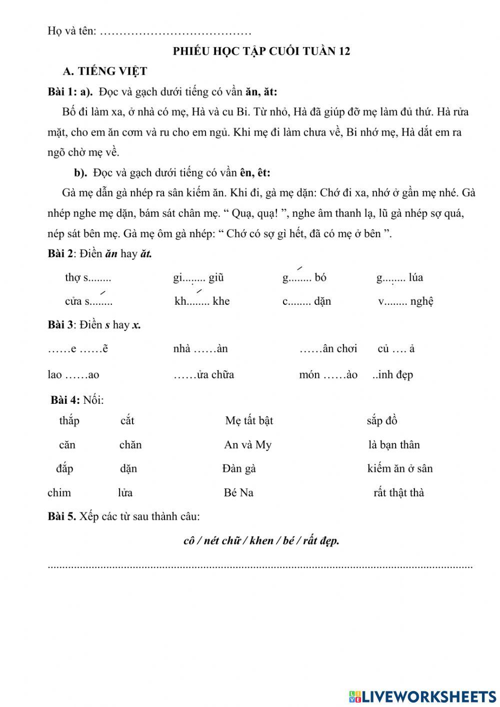 PBT cuối tuần lớp 1