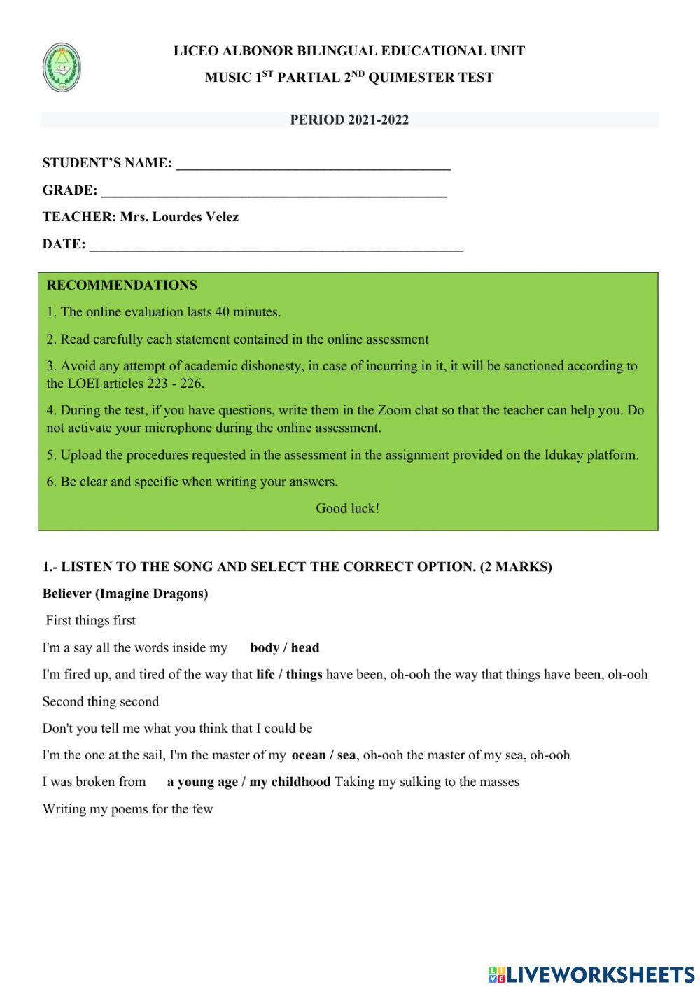 1st partial 2nd Quimester Music test