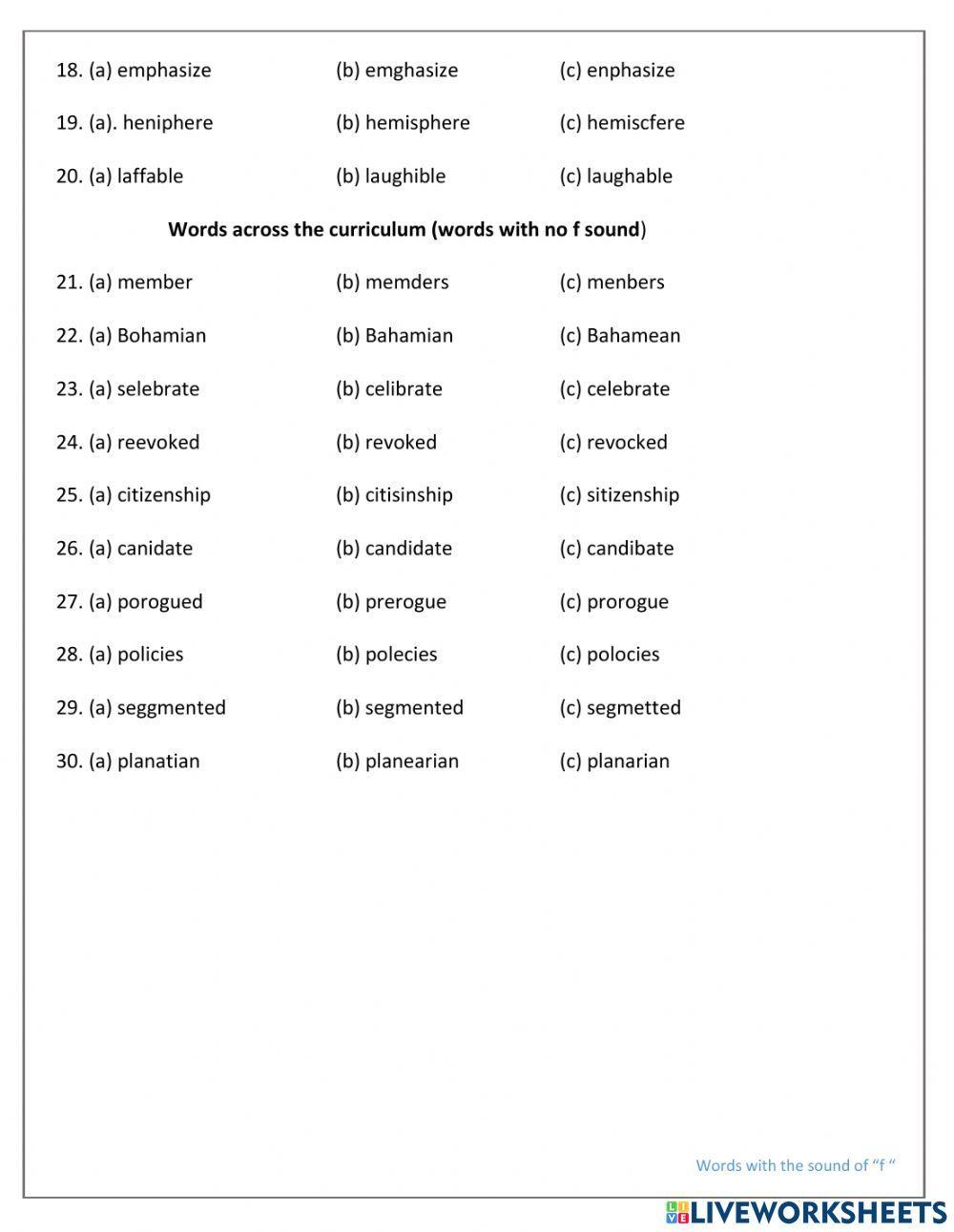 Words with sounds of –f