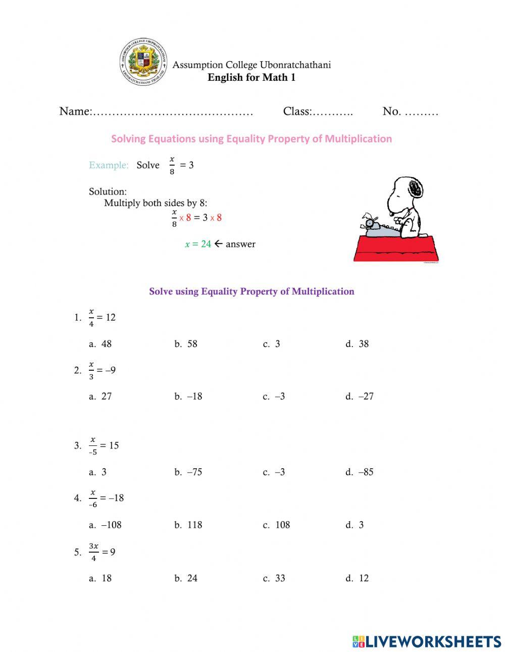 Solving Equations using Equality Properties of Multiplication and Division