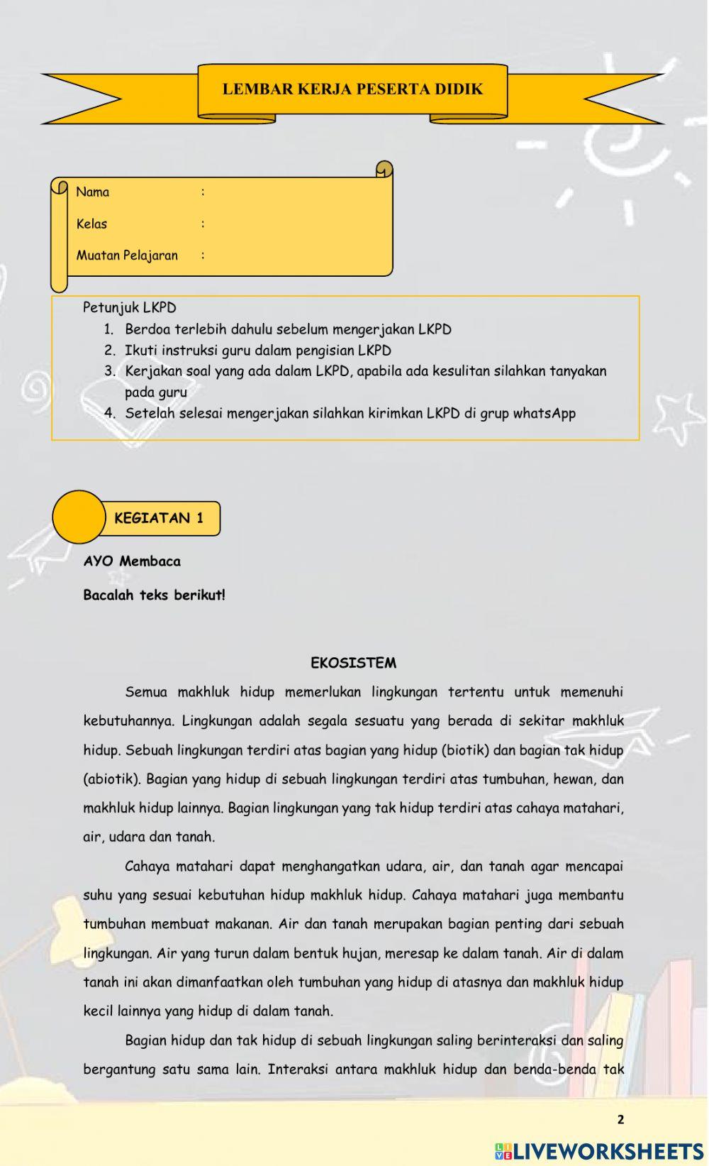 LKPD Tema 5. Ekosistem Subtema 1. Komponen Ekosistem Pembelajaran 1