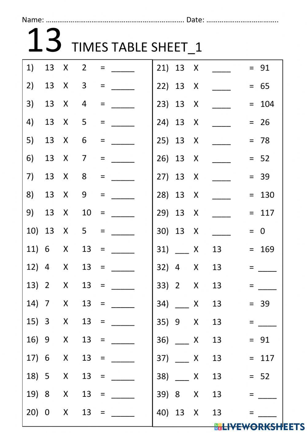 1707843 Multiplication Table peekay LiveWorksheets