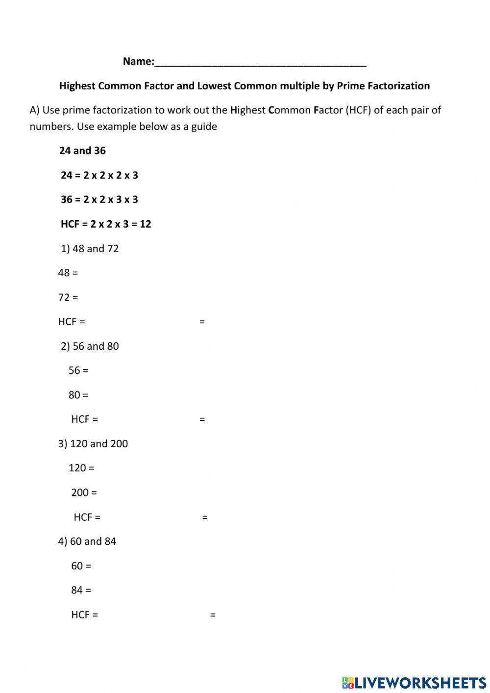 HCF and LCM by Prime Factorization-by Dr. Thomas online exercise for ...
