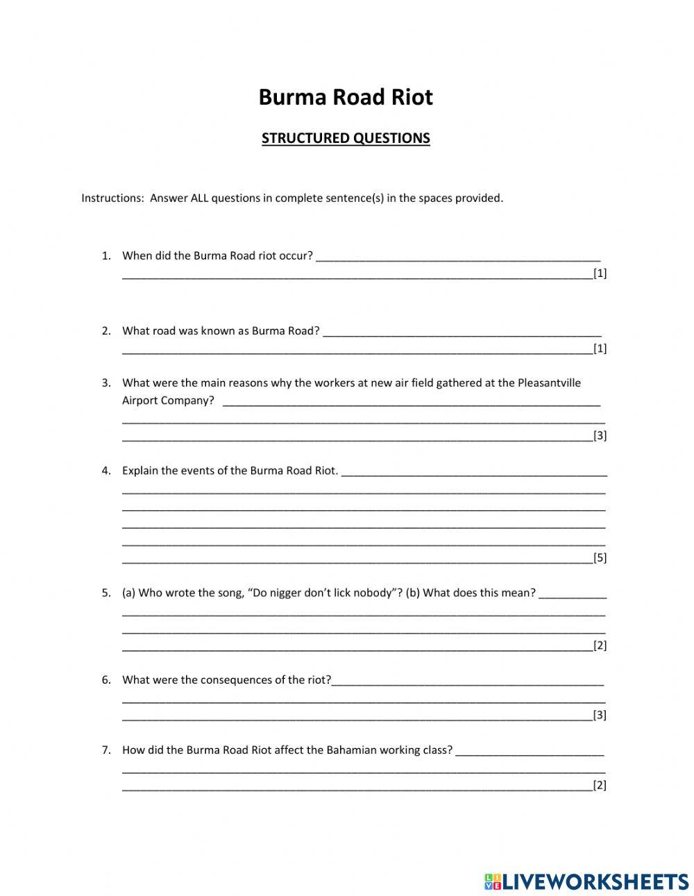 The Burma Road Riot Structure Questions