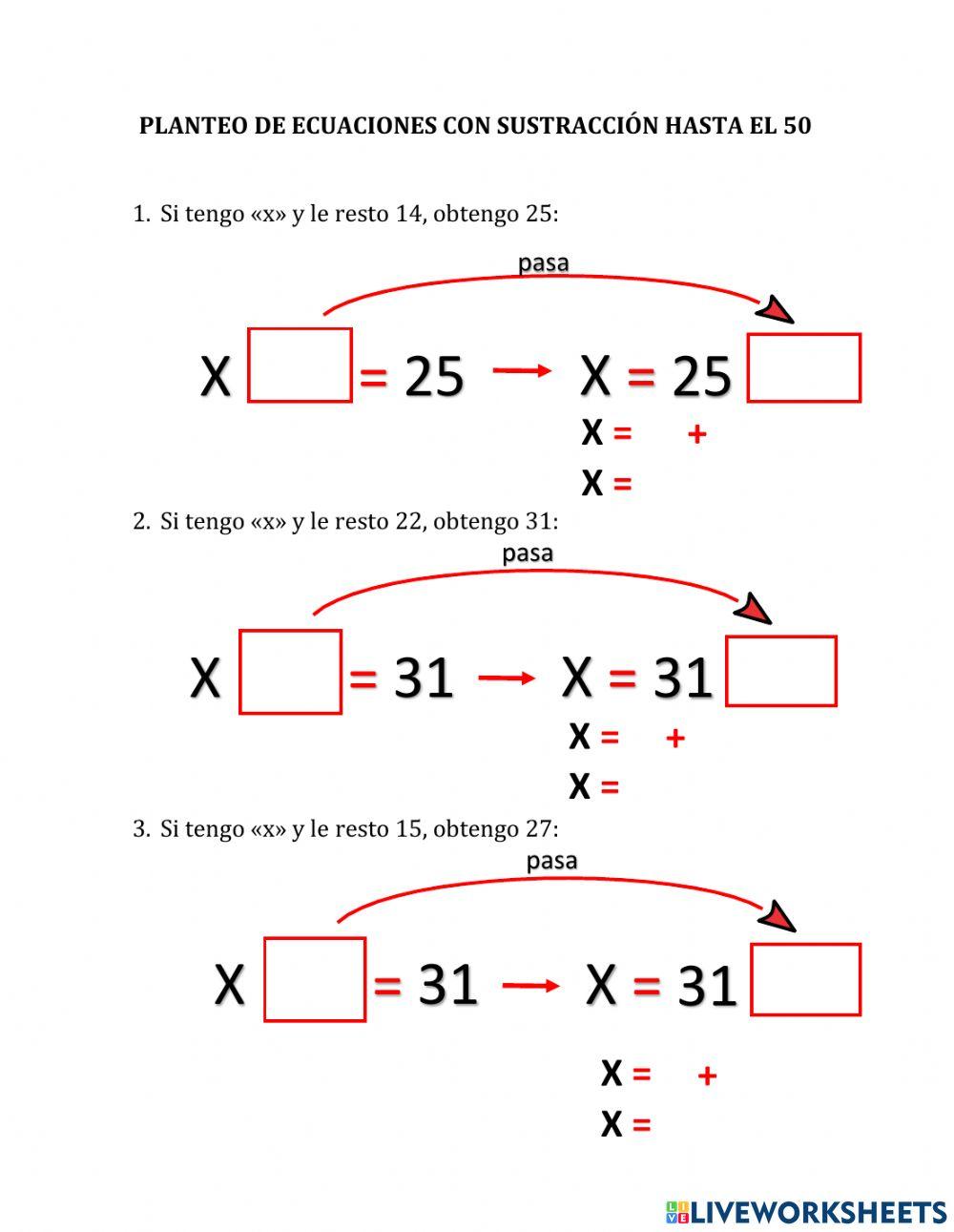 Planteo de ecuaciones con sustracción hasta el 50