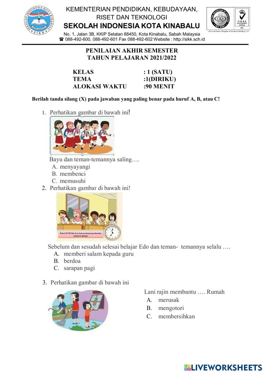 Soal PAS Tema 1 Kelas 1