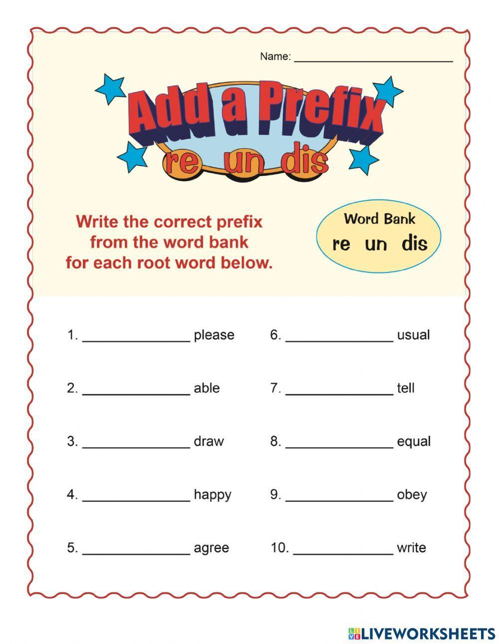 Prefixes Un Re Dis Worksheet Live Worksheets