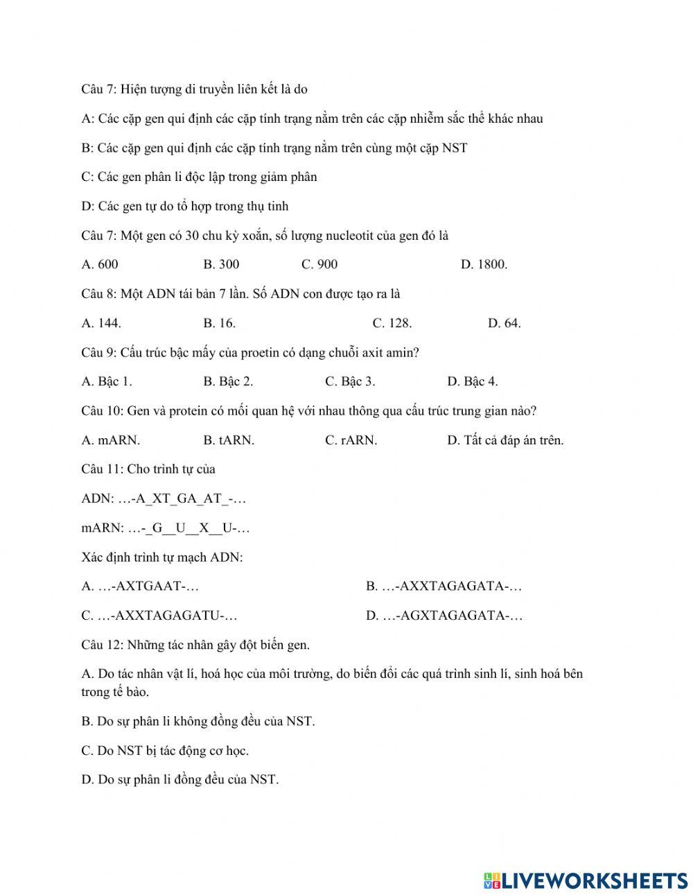 Phiếu bài tập số 1 sinh 9  cuối ki 1