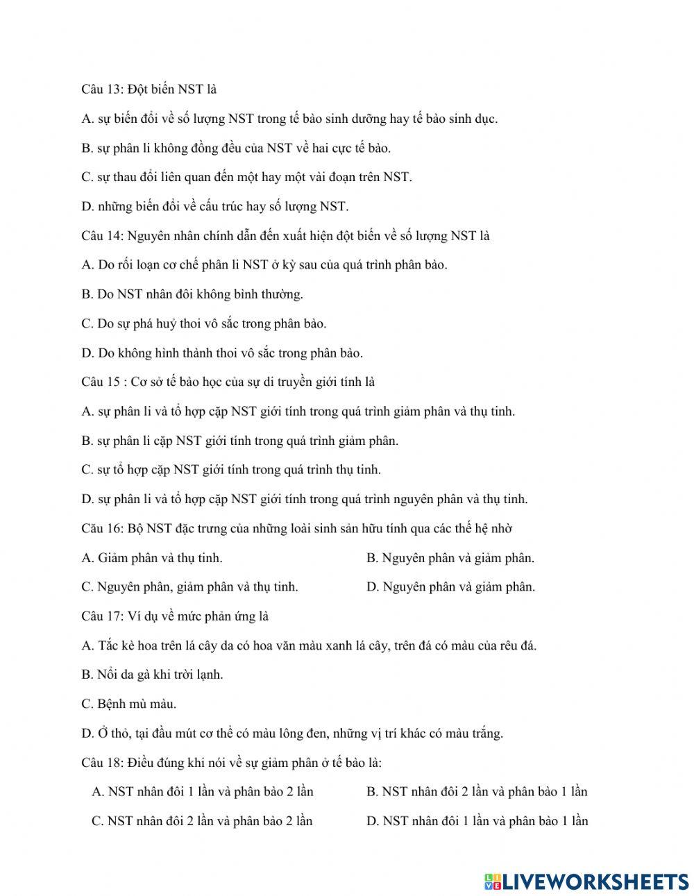 Phiếu bài tập số 1 sinh 9  cuối ki 1