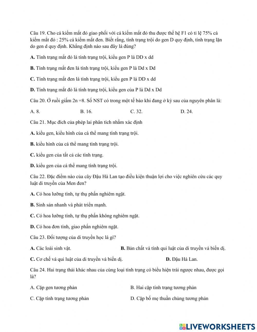 Phiếu bài tập số 1 sinh 9  cuối ki 1