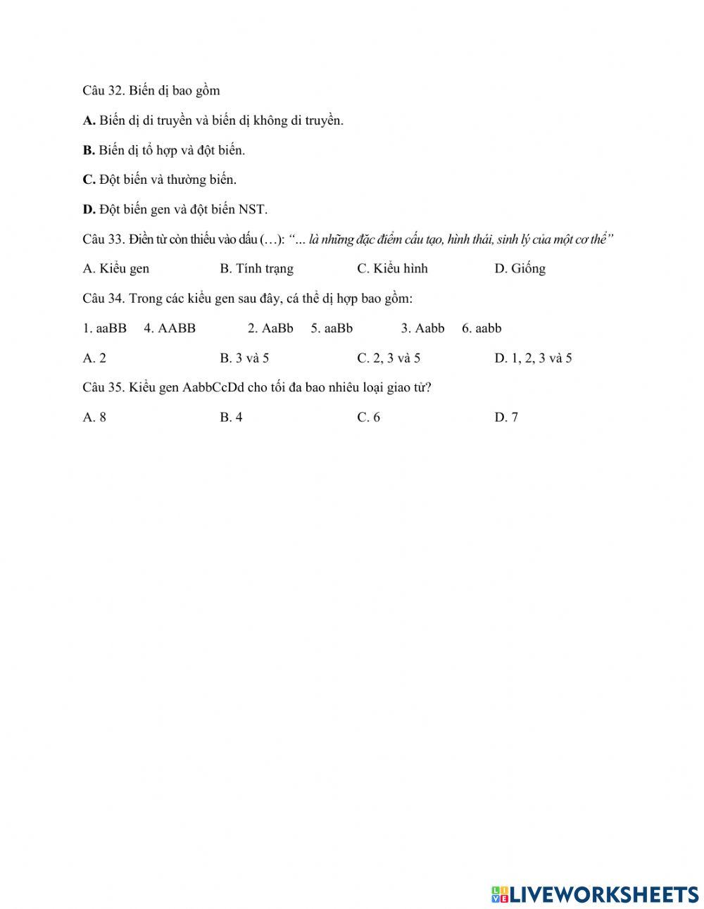 Phiếu bài tập số 1 sinh 9  cuối ki 1