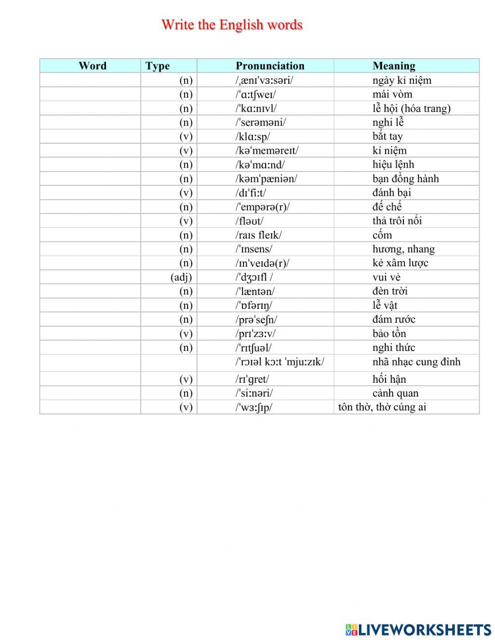 Vocabulary unit 5 e 8 online exercise for live worksheets