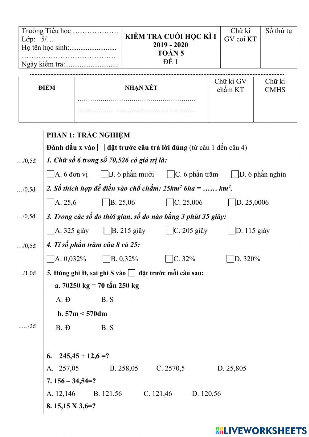 Đề thi toán 5 chk 1