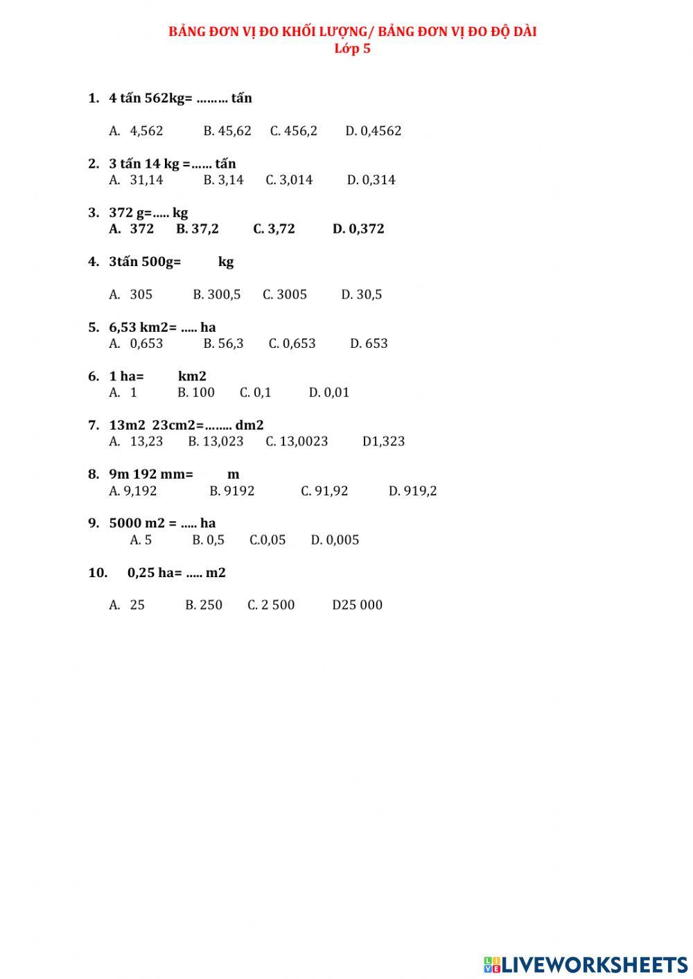 BẢNG ĐƠN VỊ ĐO KHỐI LƯỢNG- BẢNG ĐƠN VỊ ĐO ĐỘ DÀI Lớp 5
