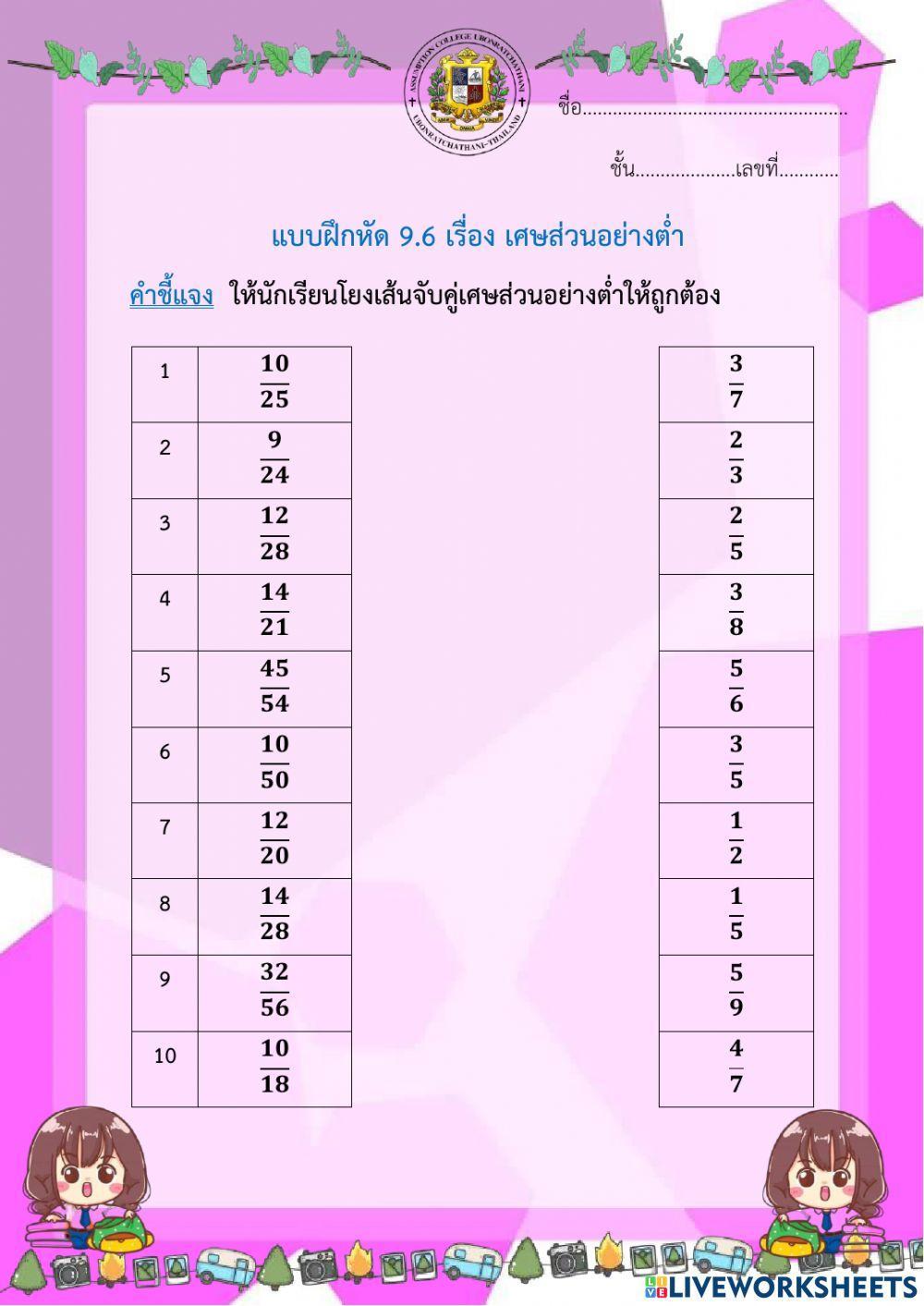 แบบฝึกหัด 9.6 เรื่อง เศษส่วนอย่างต่ำ