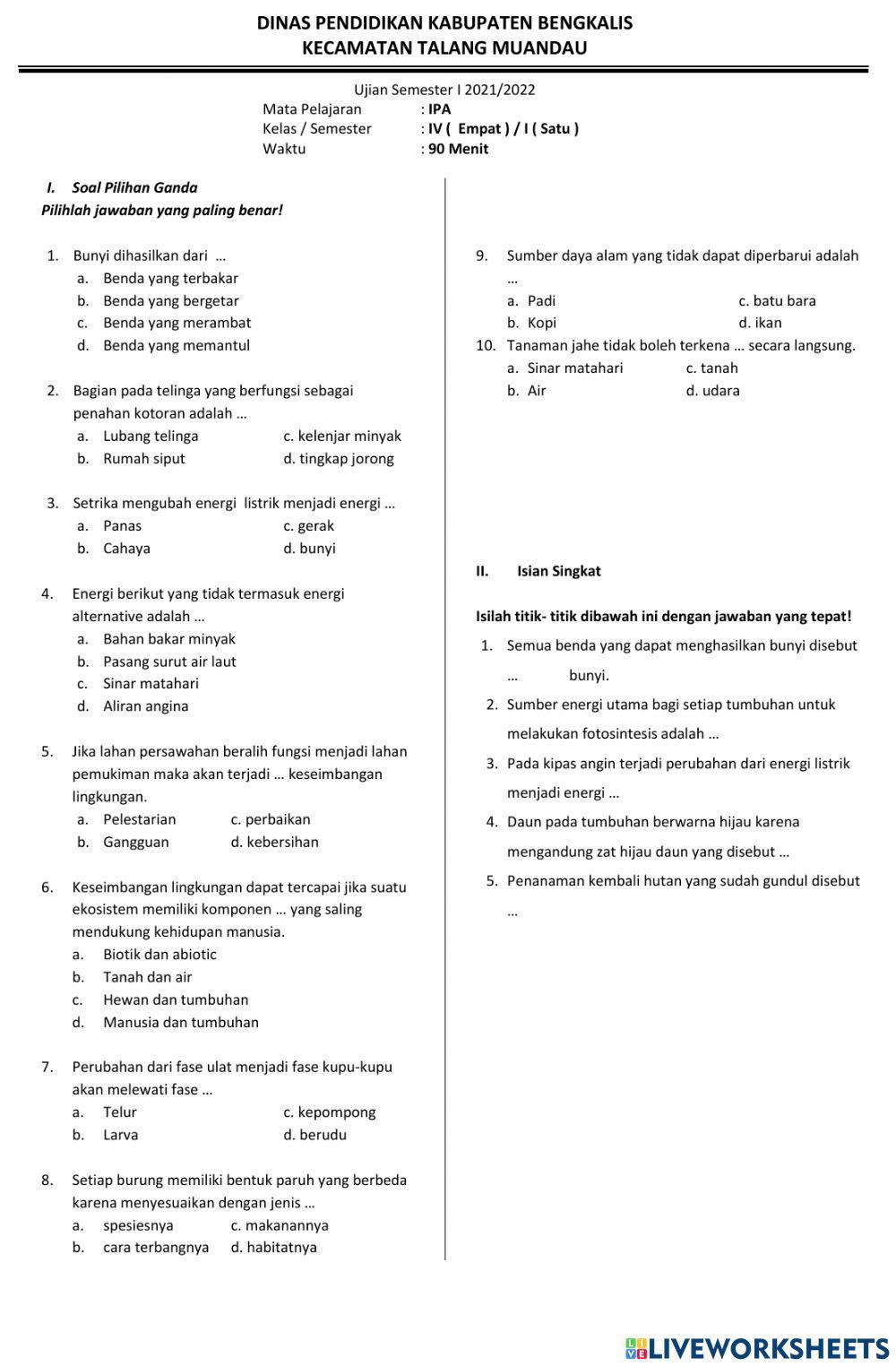 Soal ujian semester ganjil ipa kelas IV