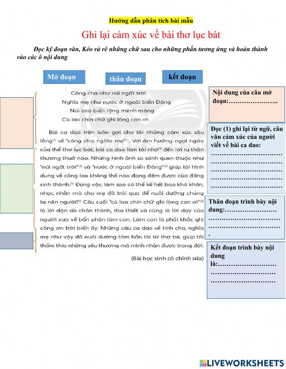 Phân tích mẫu đoạn văn cảm xúc câu lục bát
