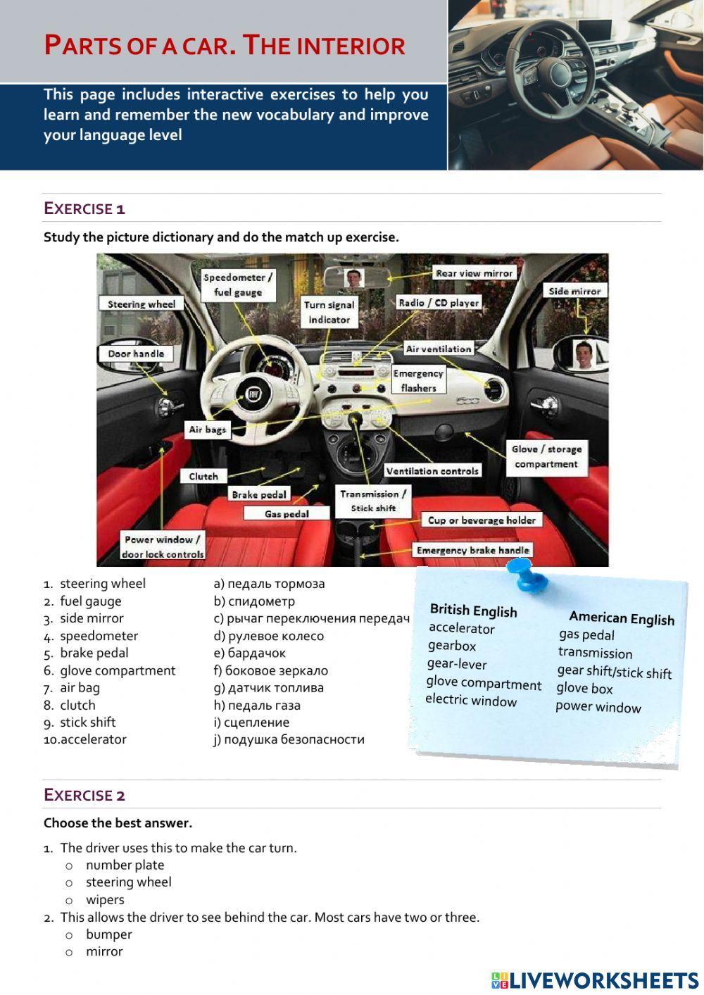 Parts of a car. The interior worksheet | Live Worksheets