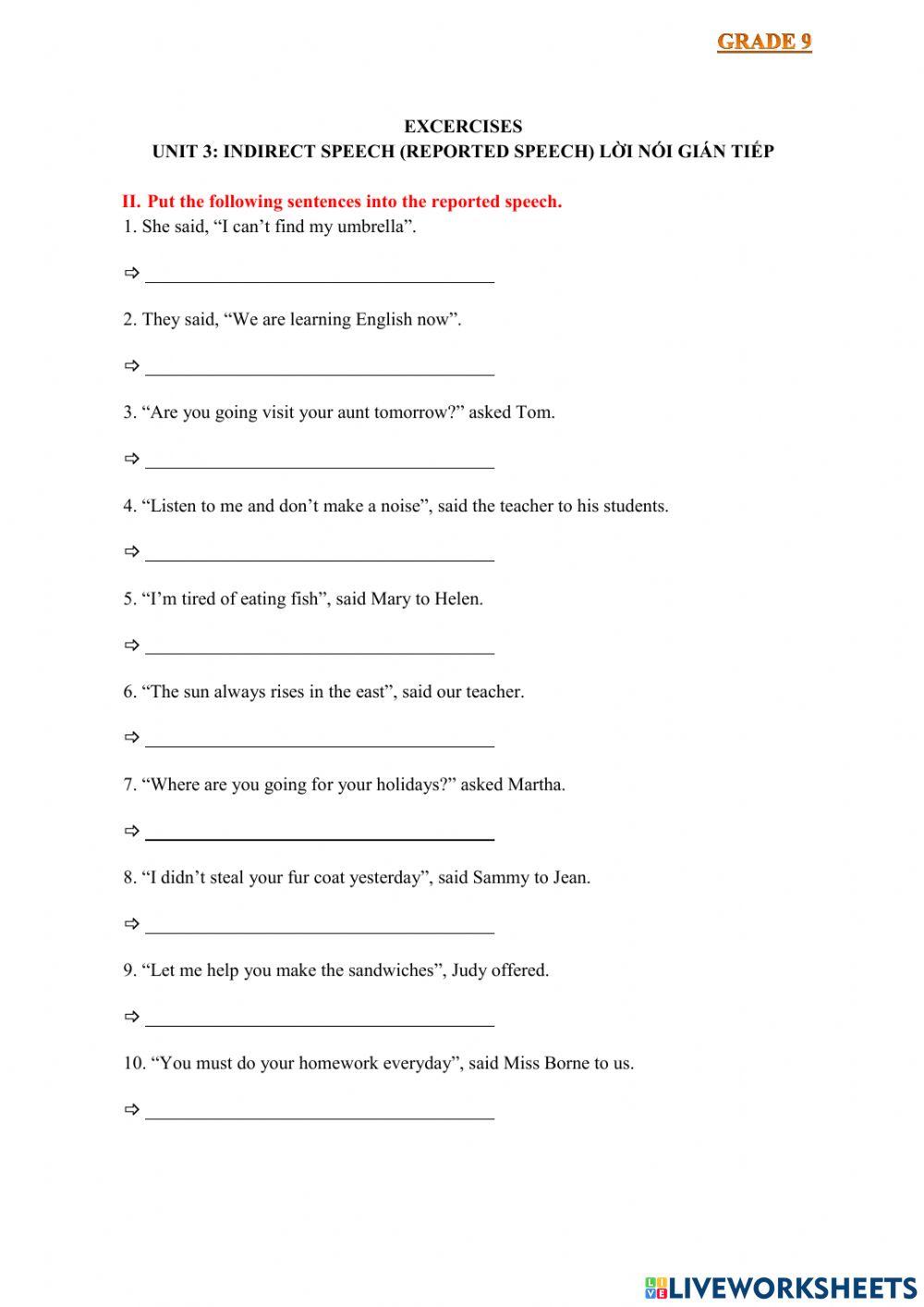 Excercises II- unit 3: indirect speech (reported speech) lời nói gián tiếp